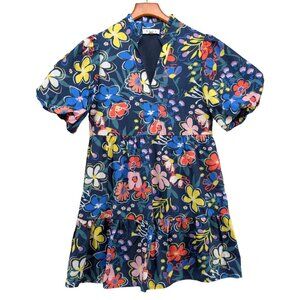 THML Mini Babydoll Dress Blue Multi Floral Short Puff Sleeve Tiered Lined Sz XS